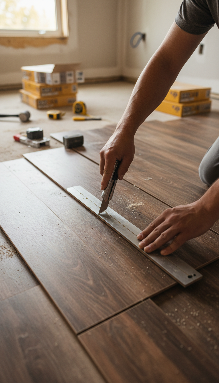 Cosmetic updates like new flooring are essential for rental turns and often fall under the permit threshold. Close-up of luxury vinyl plank flooring installation in a rental property, a cosmetic update that usually does not require a permit.