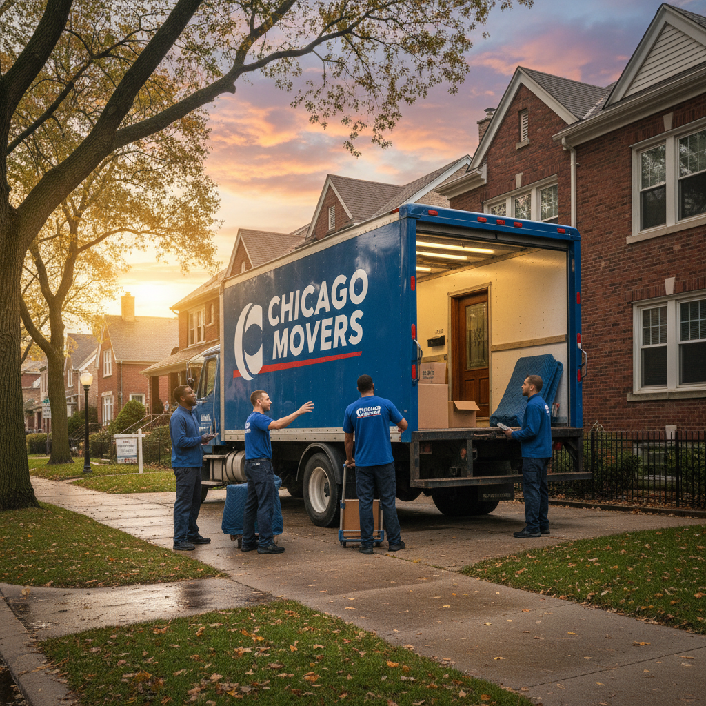 Coordinating neighborhood parking and logistics is a key step for Chicago residents. A moving truck parked outside a residential home in a Chicago neighborhood