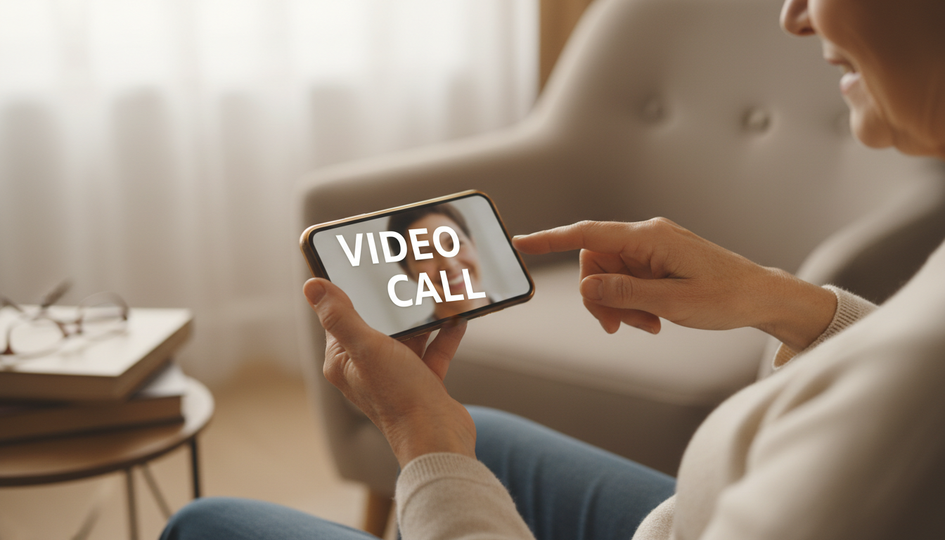 Personalized assistance helps seniors feel confident using simplified technology like Assistive Access. A senior woman's hands holding a smartphone while a tutor points to the screen in a cozy living room.