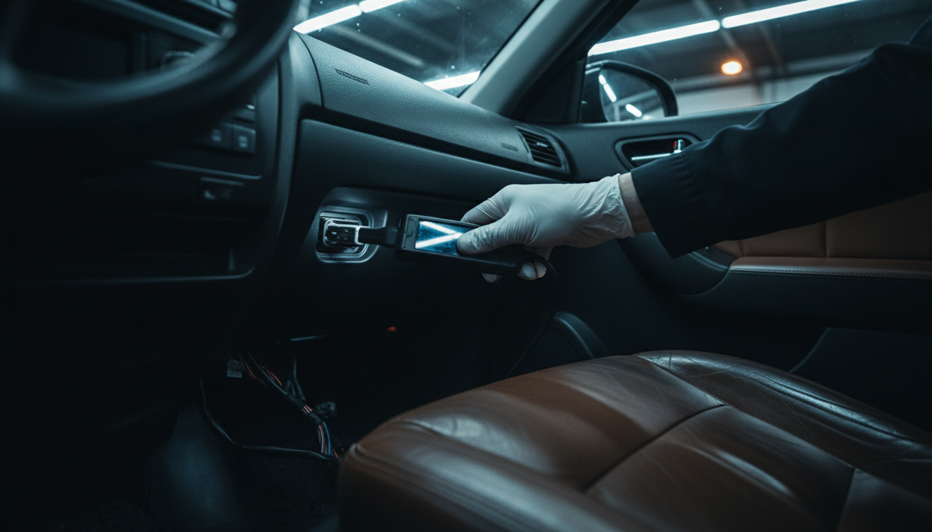 The OBD2 port is standard on all vehicles sold in the US since 1996. A hand plugging a diagnostic scanner into the OBD2 port located under the vehicle dashboard