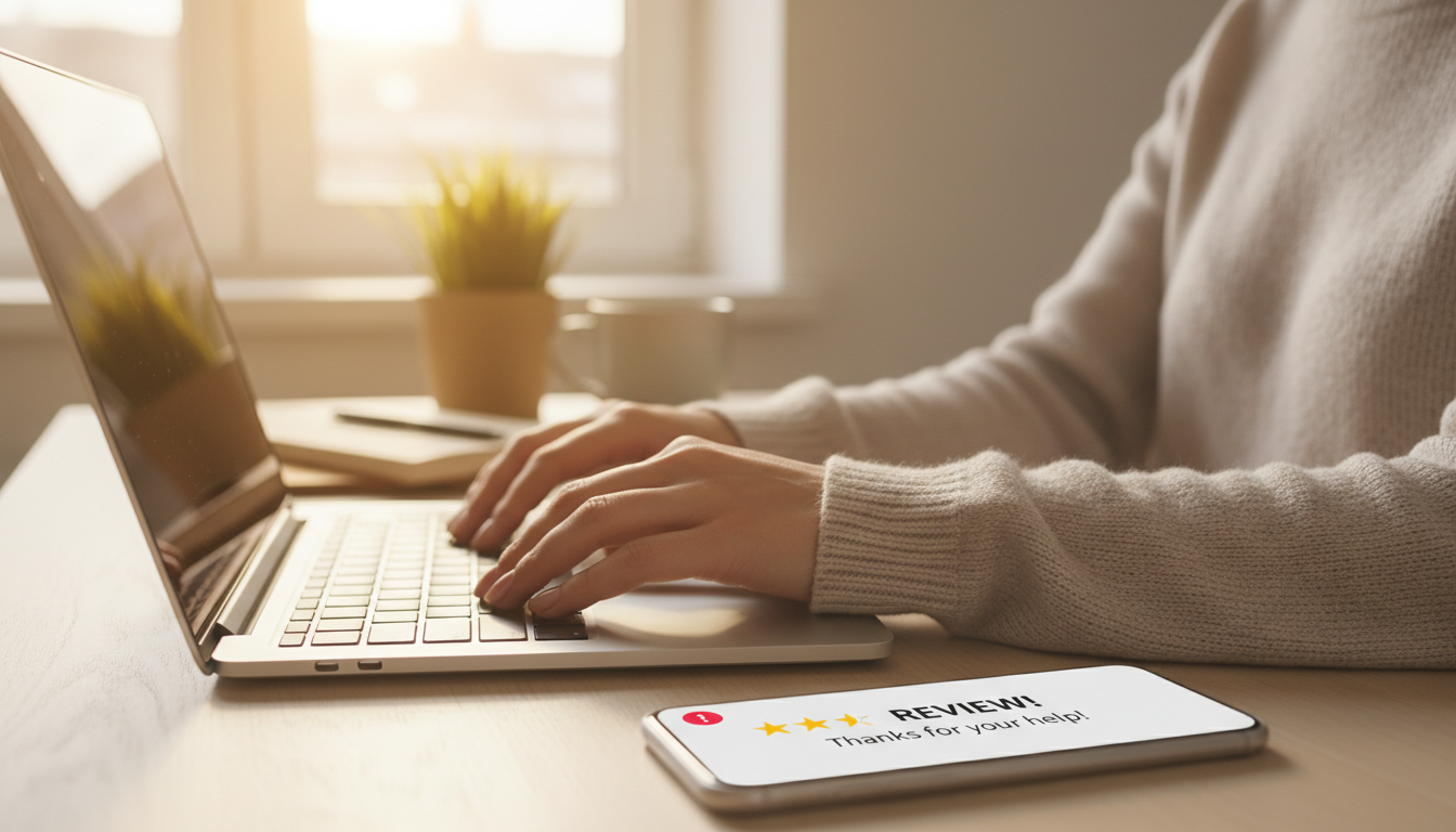 Personalized, timely responses turn a one-time customer into a lifelong advocate. Close up of hands typing a response on a laptop with a smartphone nearby showing a notification.