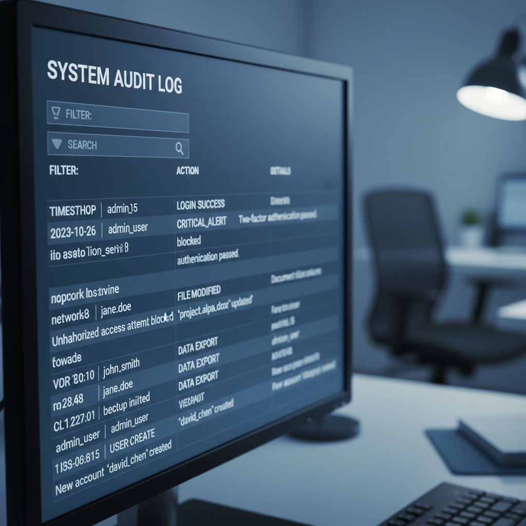 Detailed audit logs are the backbone of transparent, agent-led compliance processes. Extreme close-up of a digital audit log with precise timestamps and operator actions.
