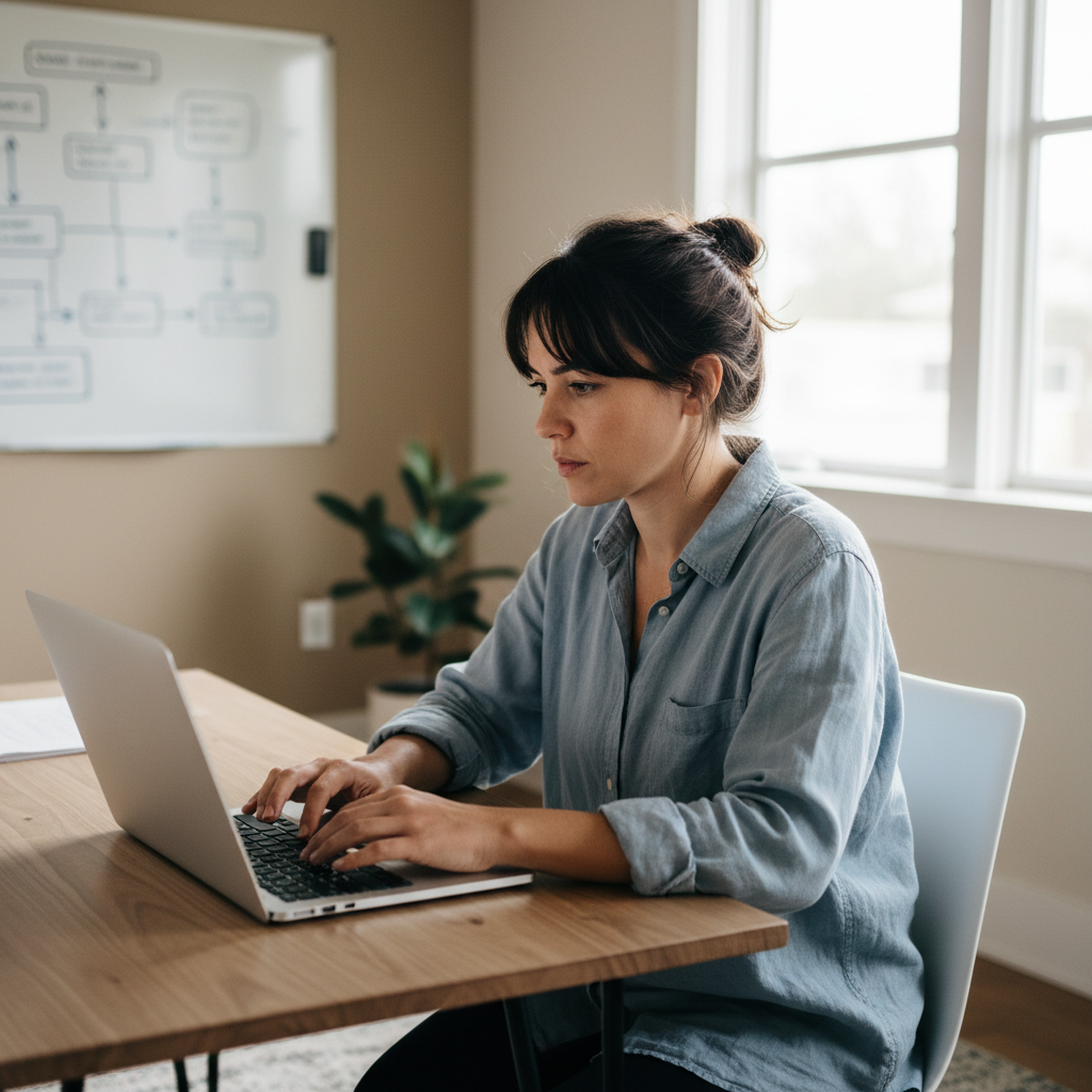 The transition from solopreneur to a managed operation requires moving workflows from the owner's head to documented systems. A focused small business owner working at a laptop with workflow diagrams visible on a whiteboard in the background.