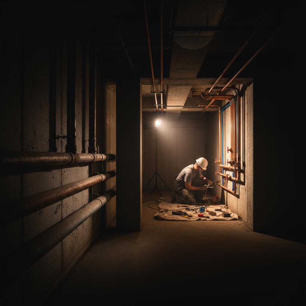 Modernizing older pipes can significantly reduce the risk of bursting during a hard Utah freeze. A basement with upgraded copper piping next to older infrastructure, highlighting modern plumbing solutions.