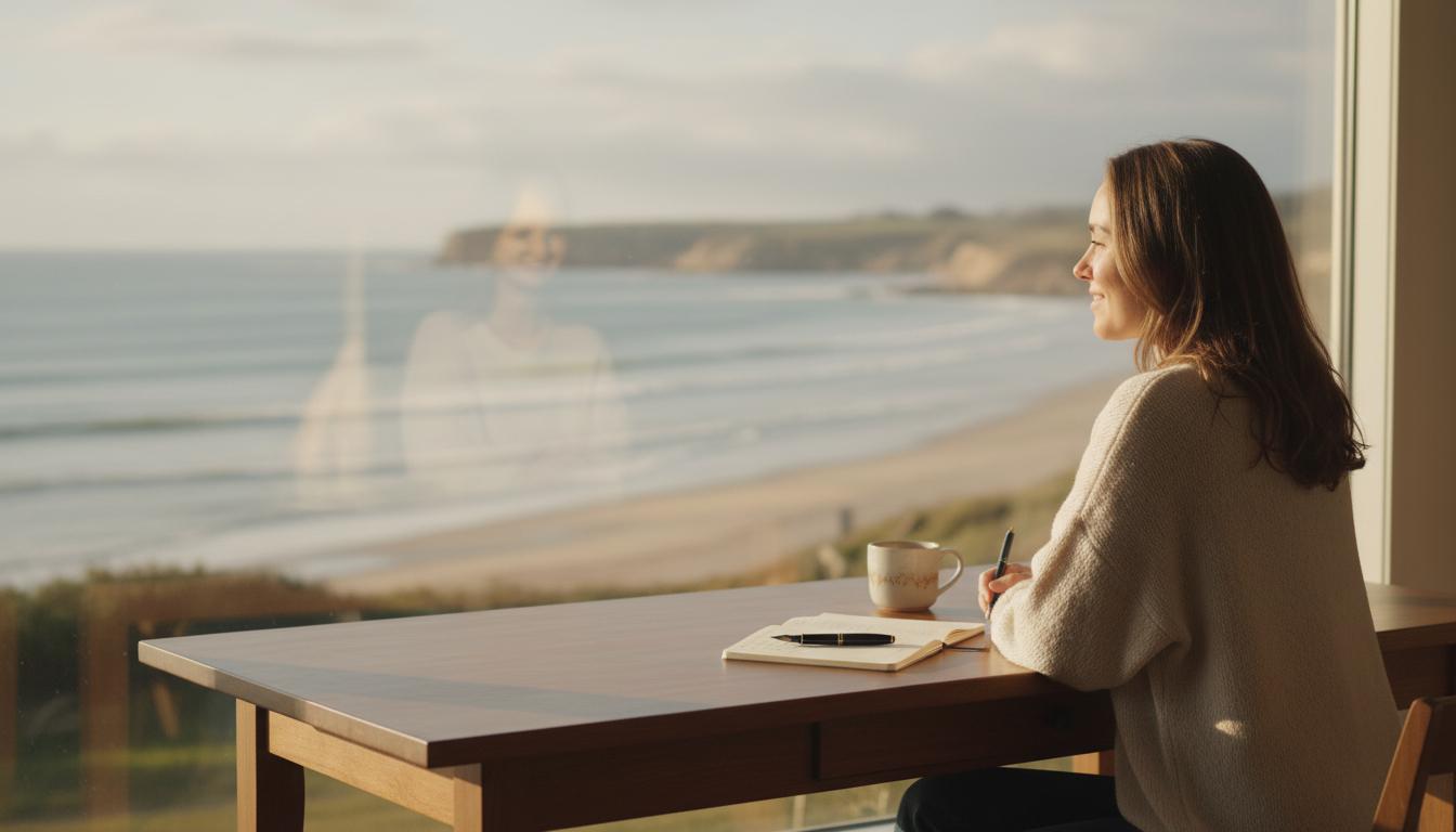 True healing often begins when we move beyond words and listen to what the body is saying. A person sitting peacefully by a window in a coastal setting, reflecting on their mental health journey.