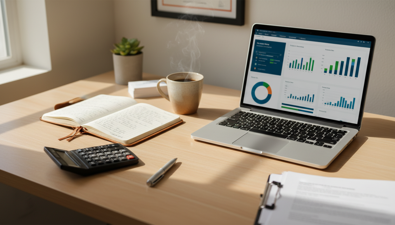 Effective 2026 tax planning starts with an organized workspace and a clear financial dashboard. A small business owner's desk in Box Elder County with a laptop and financial planning tools.
