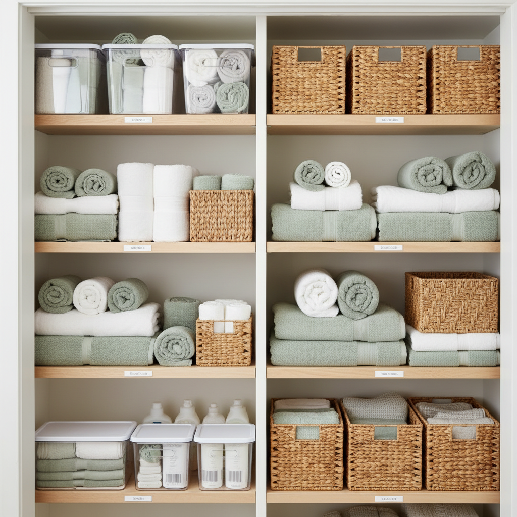 Move-in deep cleaning includes detailing the insides of closets, cabinets, and storage spaces. An organized linen closet with clear bins and woven baskets on clean wooden shelves.
