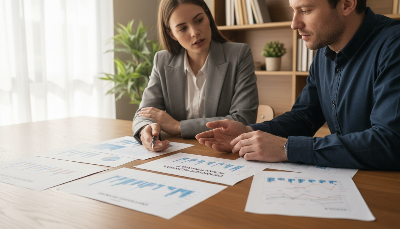For Utah contractors, reviewing project-based cash flow is critical for maintaining liquidity during long builds. An accountant and a business owner reviewing financial trend charts together at a desk.