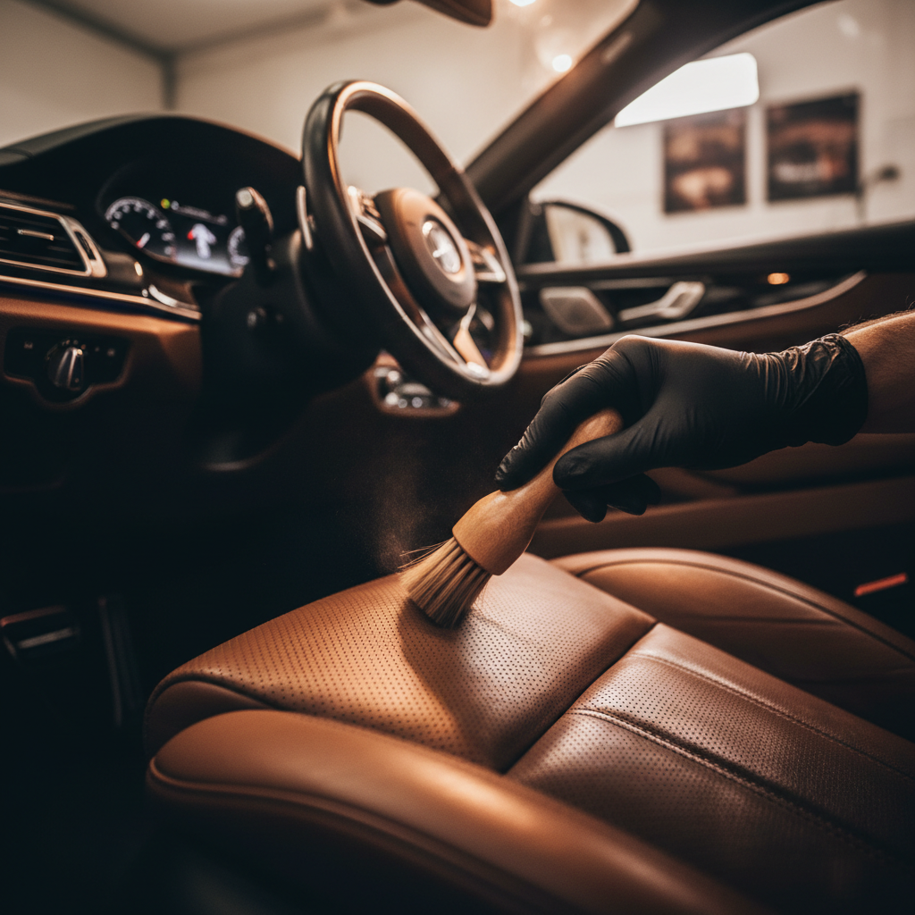 Leather and perforated seats need a gentler touch and the right pH-balanced cleaner. Detailing technician carefully cleaning leather car seat interior with soft brush and focused lighting