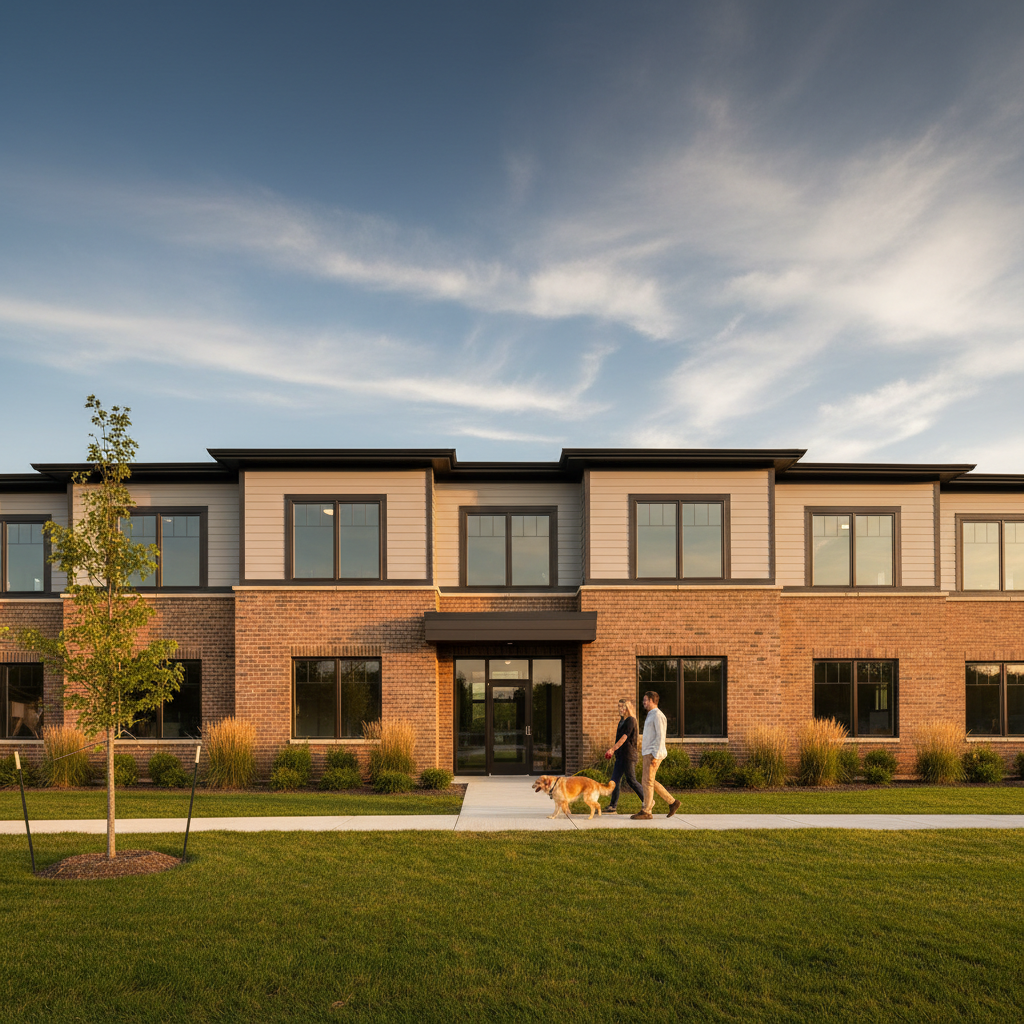 Modern residential developments in Milwaukee attract a stable, high-quality tenant base. A newly built multi-unit residential building in a suburban Milwaukee setting with residents walking outside.