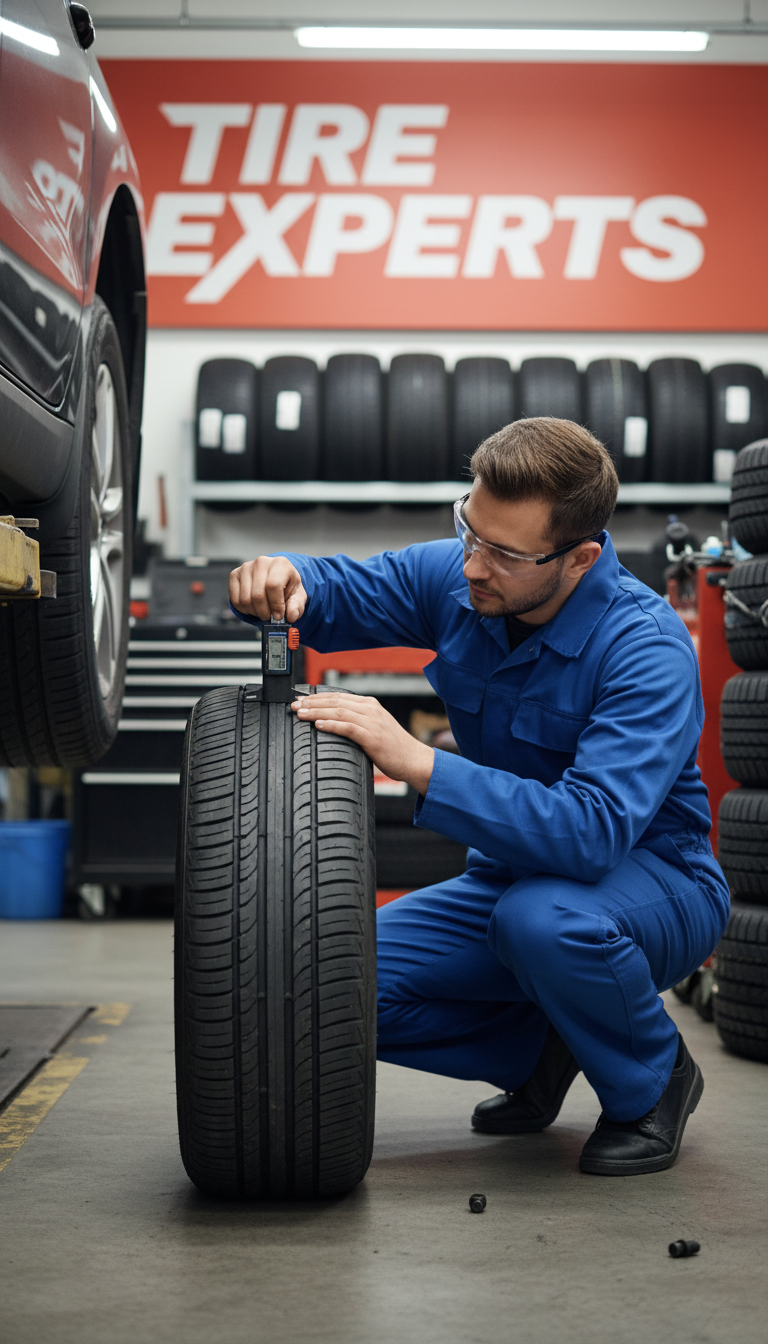 Regularly measuring tread depth is the best way to determine when it is time for a new set of tires. Close up view of an automotive technician using a professional depth gauge to measure tire tread levels.