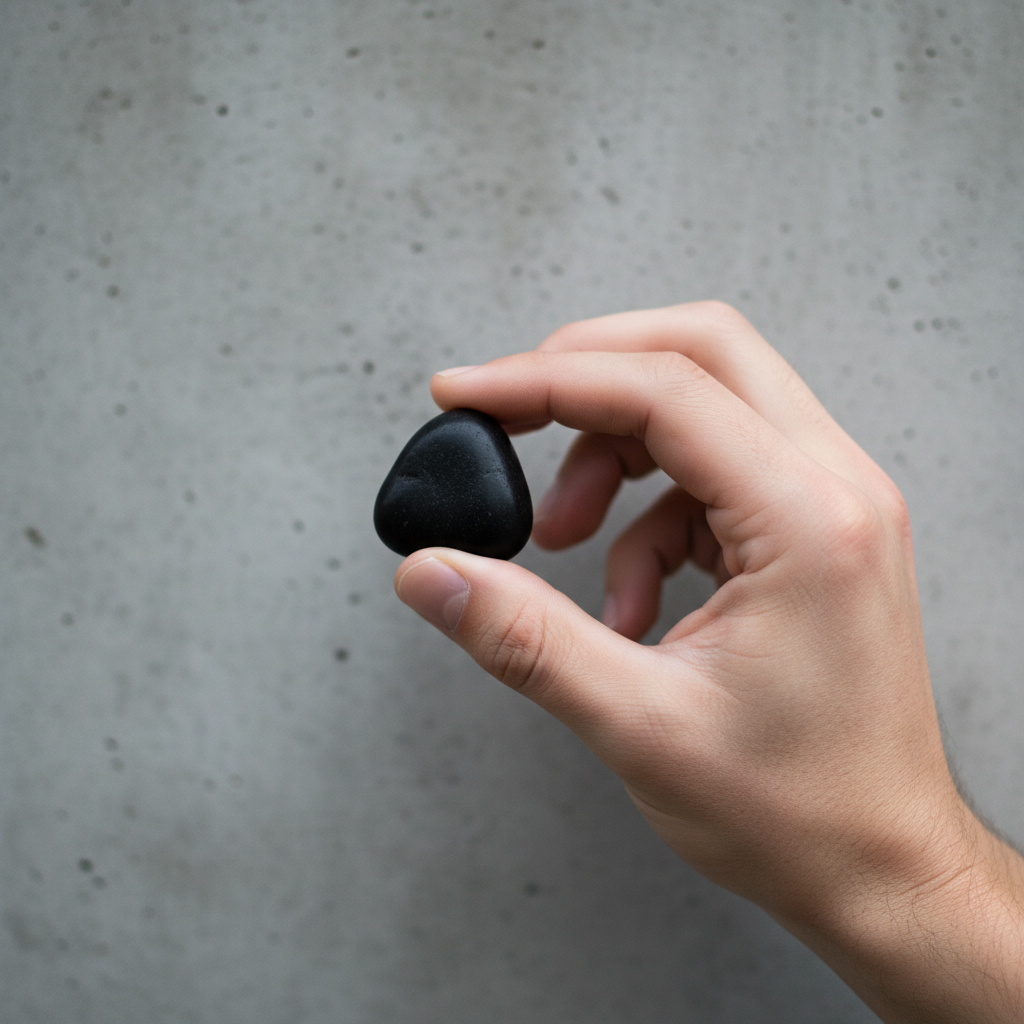 The right fit ensures your crystal stays in contact with your pulse points comfortably. A man's hand holding a smooth black stone against a minimalist concrete background.