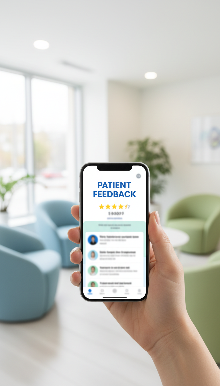 Customers now discover reviews across a wide variety of mobile platforms and apps. A person holding a smartphone in a modern waiting room showing a mobile review widget with star ratings.