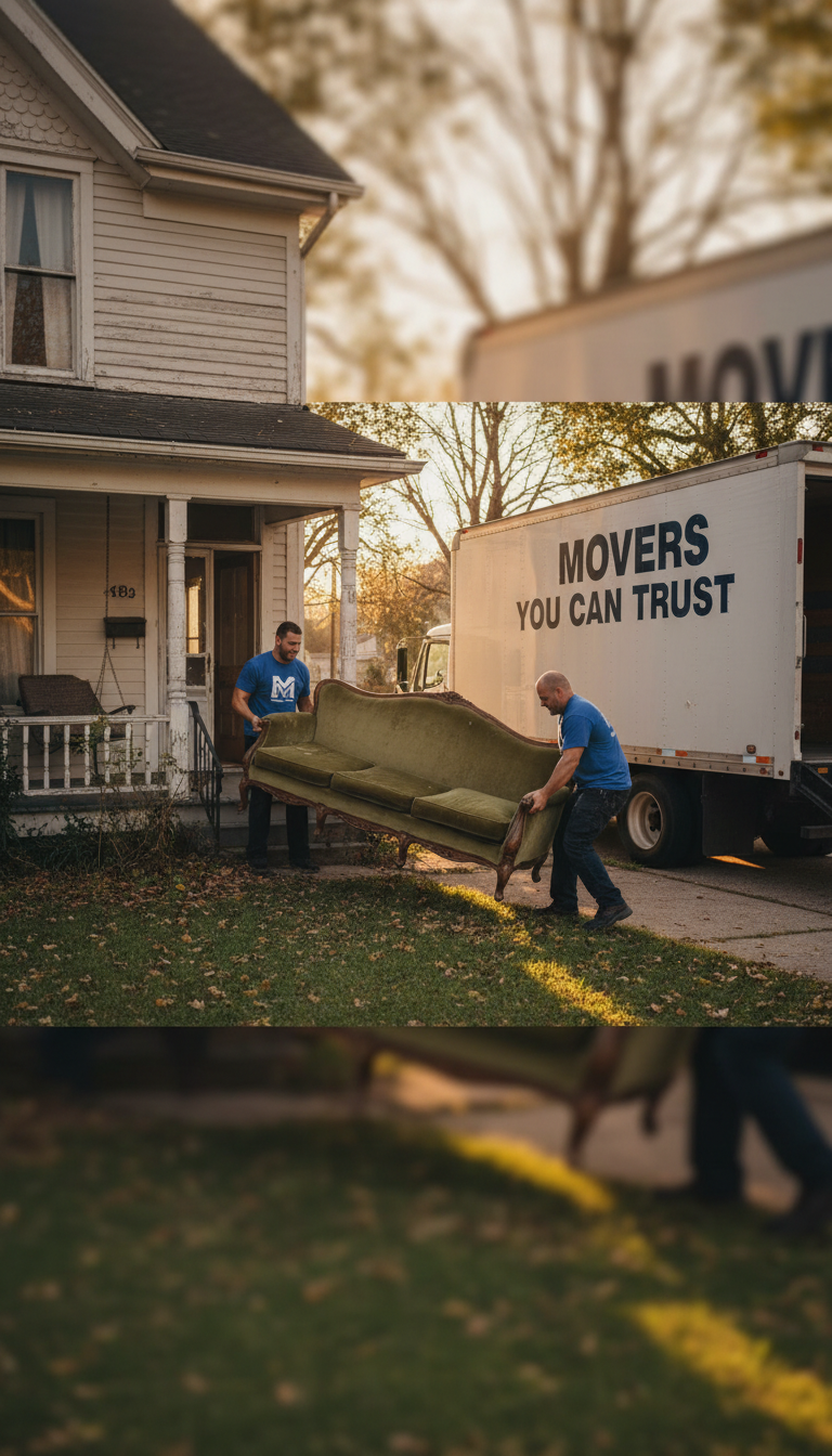 Navigating heavy furniture out of a basement requires professional labor and care. Professional junk removal team carrying an old couch out of a residential home to a waiting truck.
