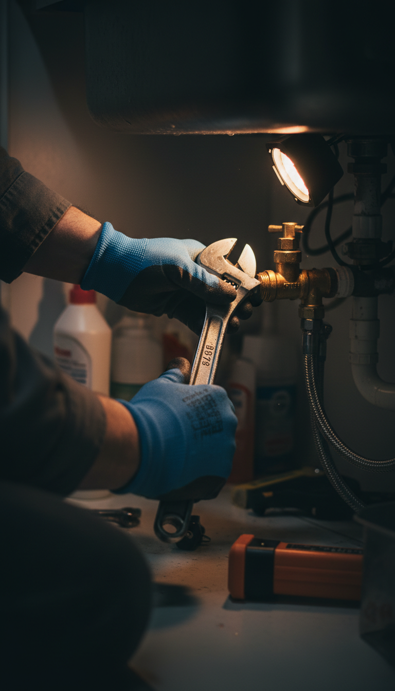 Adding a sink to your island involves intricate plumbing work that impacts your total project cost. A contractor's hands using a wrench to tighten a plumbing valve under a kitchen sink during a renovation.