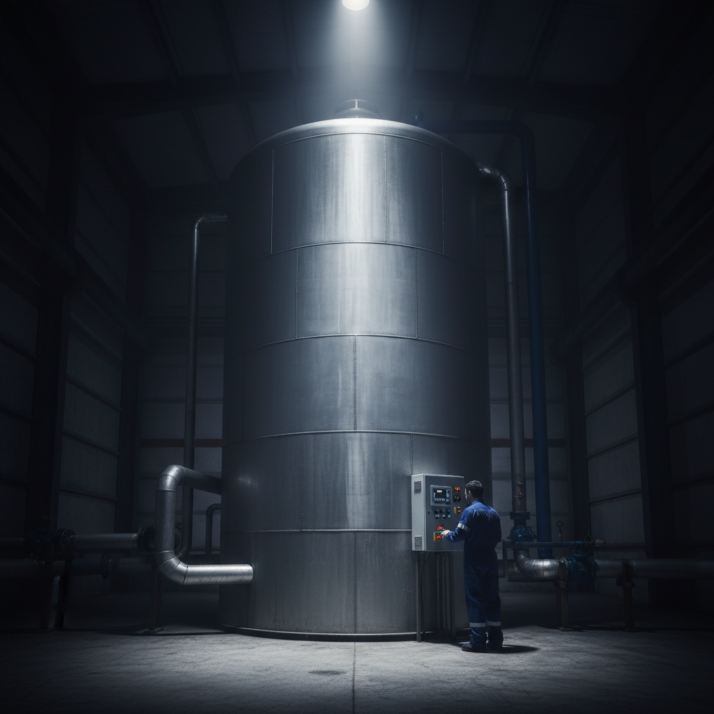 Los tanques de acumulación térmica permiten almacenar energía frigorífica de forma eficiente para su uso estratégico. Ingeniero revisando el panel de control junto a un gran tanque de almacenamiento térmico en un entorno industrial con iluminación dramática.