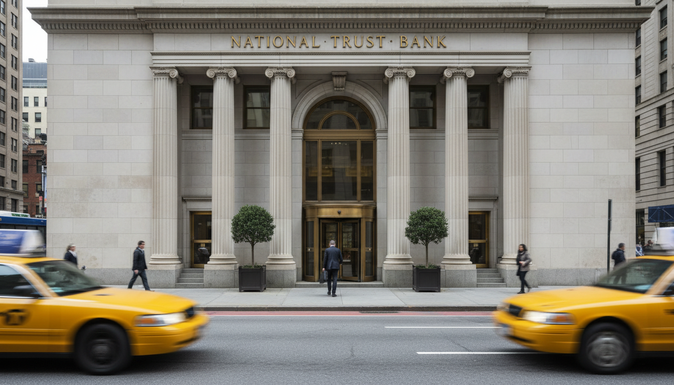 Taking on debt for a home or education is often the first step toward building long-term equity. A person walking into a modern bank building entrance, representing the start of a mortgage or investment loan process.