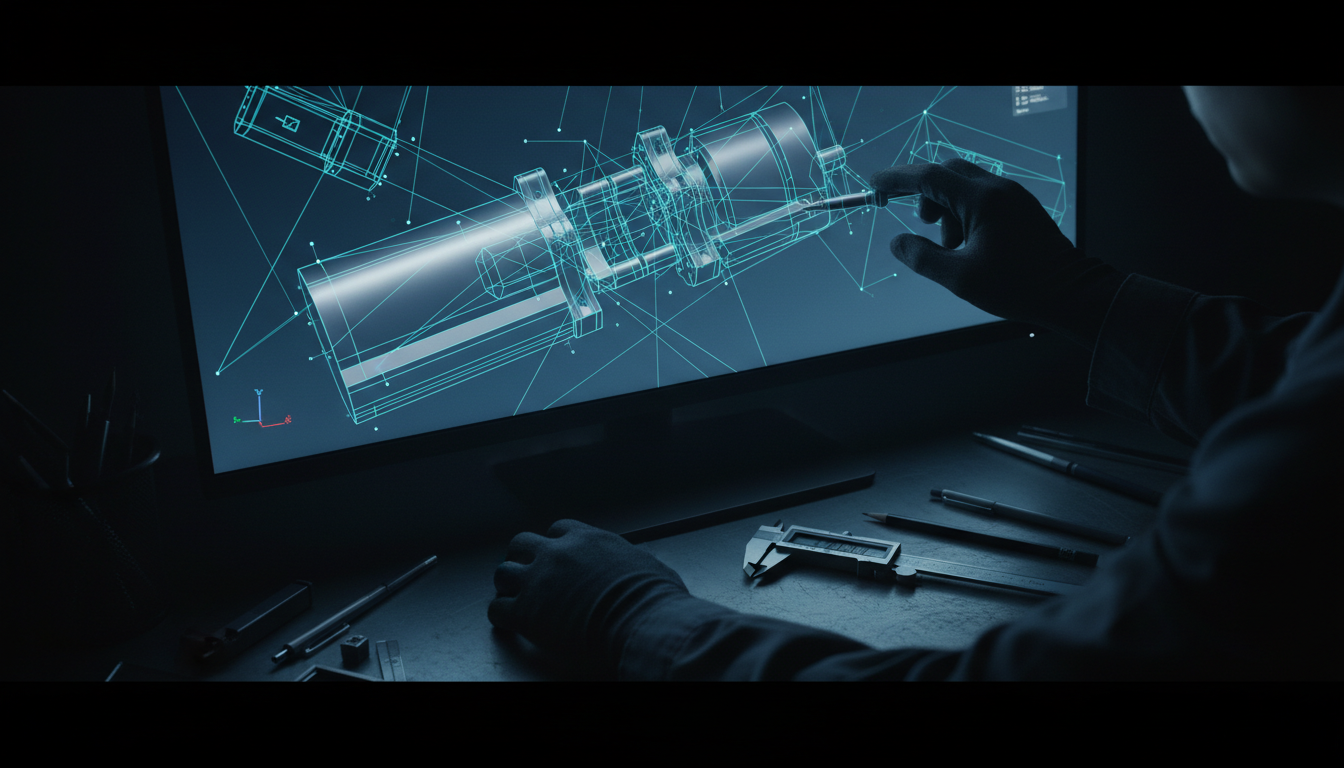 A raw CAD review identifies geometric impossibilities before they reach the physical production floor. Mechanical engineer's hands reviewing a complex 3D CAD model on a glowing monitor with toolpath lines.