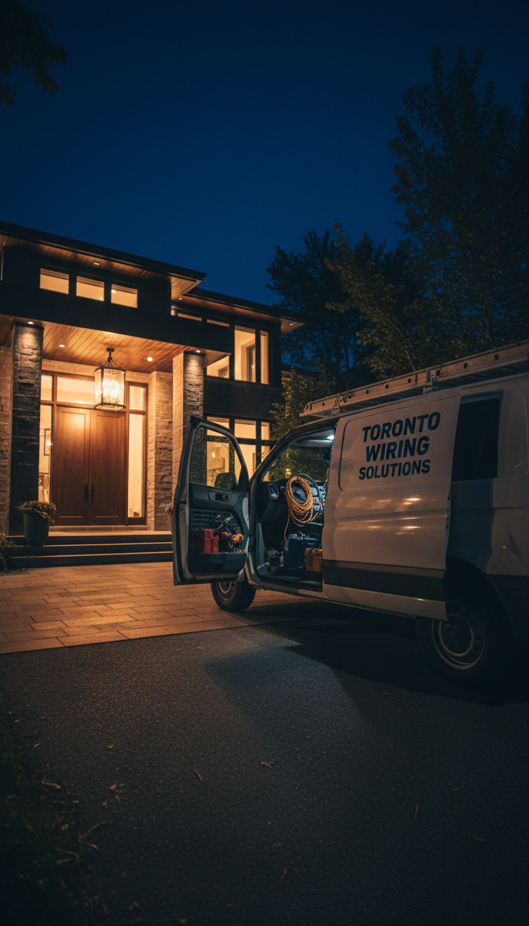 Security camera placement is critical for nighttime visibility in North York residential areas. A Toronto home at night with an electrician's van in the driveway, showing the importance of exterior lighting and security.