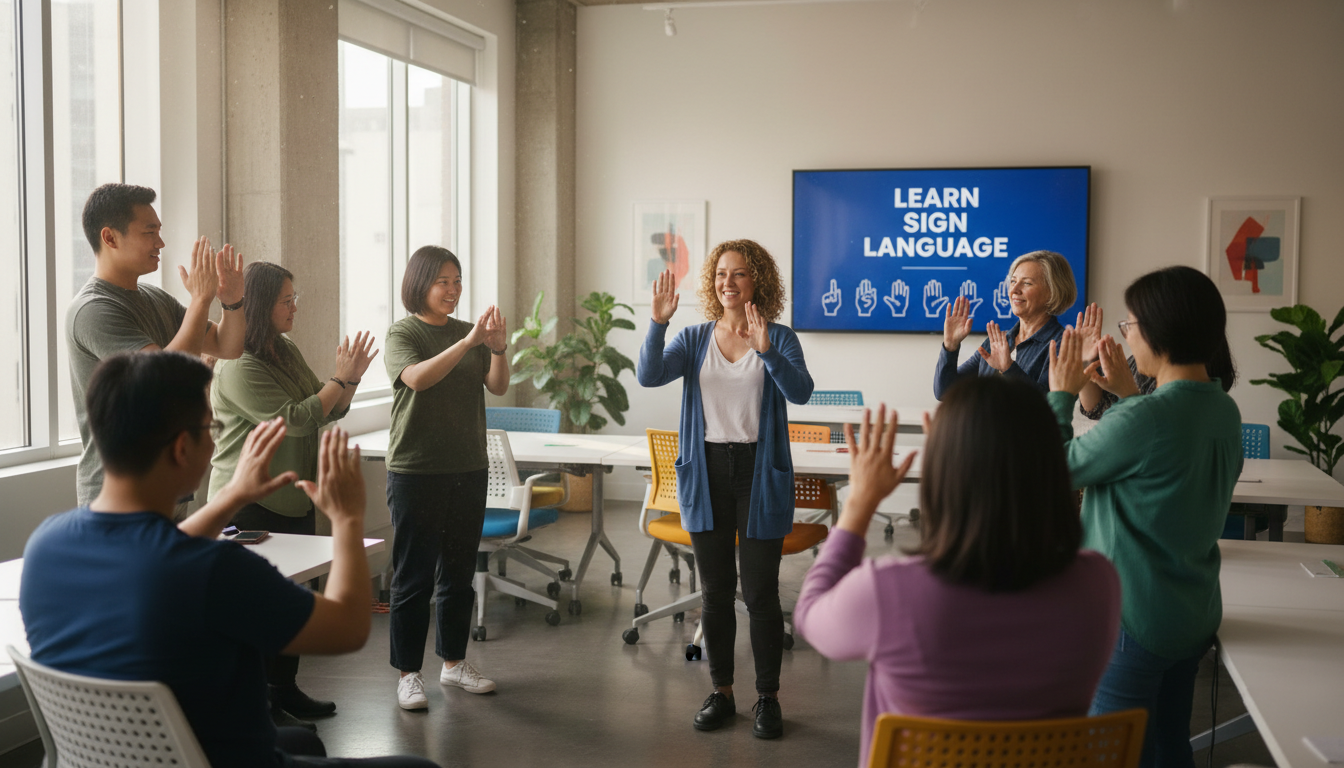 In-person or live online workshops help teams bond while learning valuable new communication skills. A diverse group of employees in a modern office workshop learning ASL gestures from a smiling instructor.