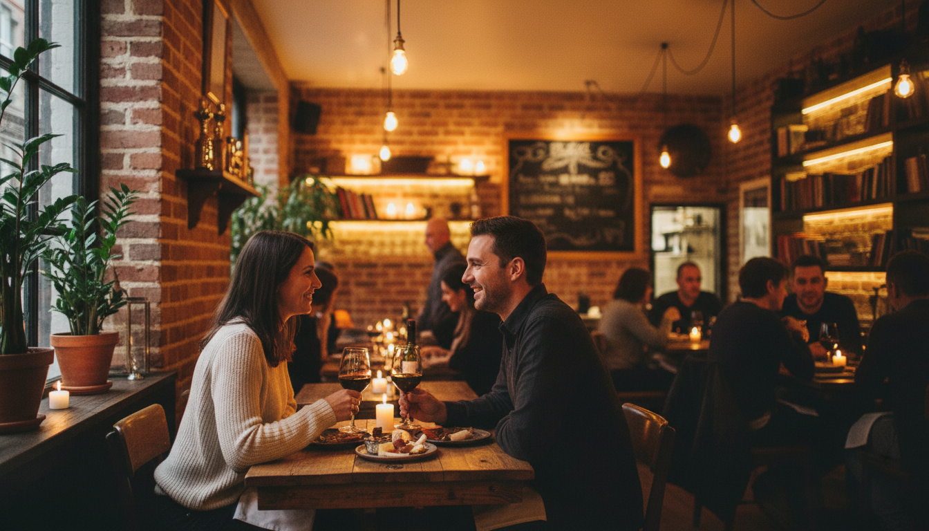 Save the conversation for the table, not the touchscreen. A couple sharing a deep conversation at a cozy restaurant with warm, inviting lighting.