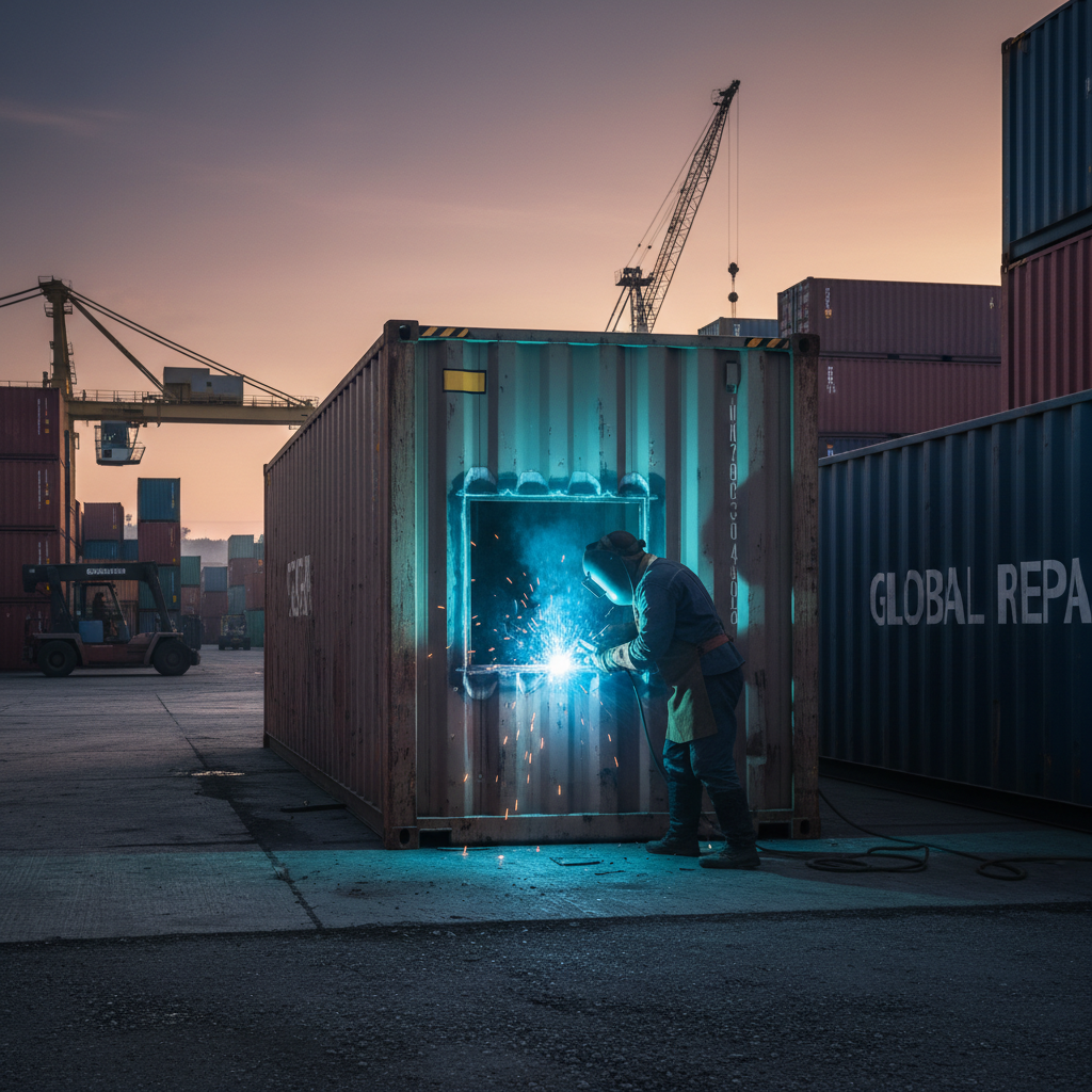 Professional welding is required to repair structural damage and maintain CSC certification standards. A skilled welder performs structural repairs on a shipping container in an industrial yard setting.