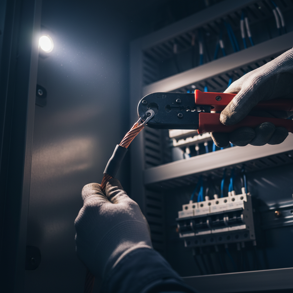 Professional installation ensures your surge protector is correctly grounded and code compliant. Close up shot of an electrician's hands securing a wire terminal inside an electrical panel.