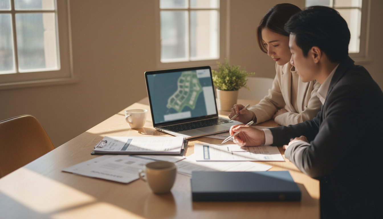 Expert consultation helps international investors bridge the distance gap and secure US assets. A professional real estate consultation showing two people reviewing property documents and a map on a laptop.