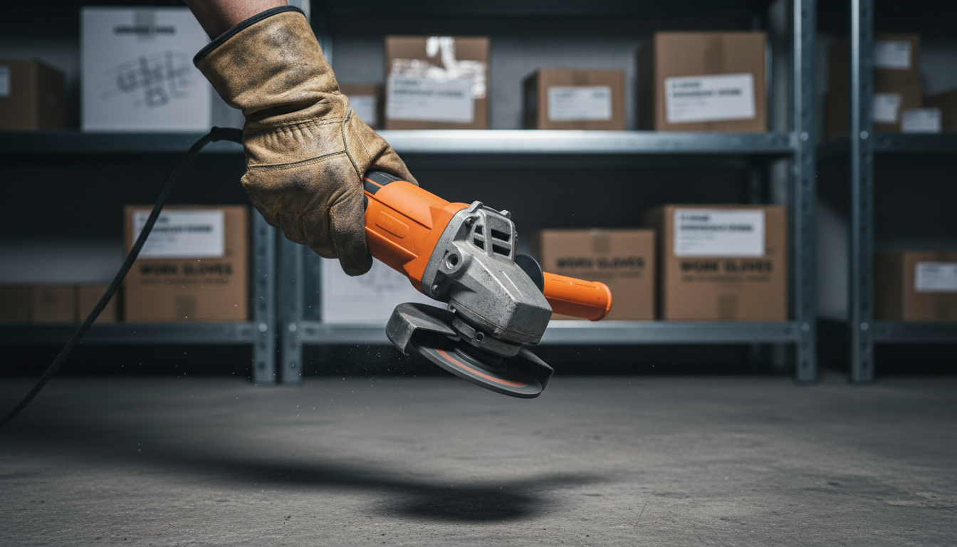 Consistent technique and the right disc choice reduce labor time on every job. A contractor's gloved hand gripping a heavy duty angle grinder in a workshop setting.