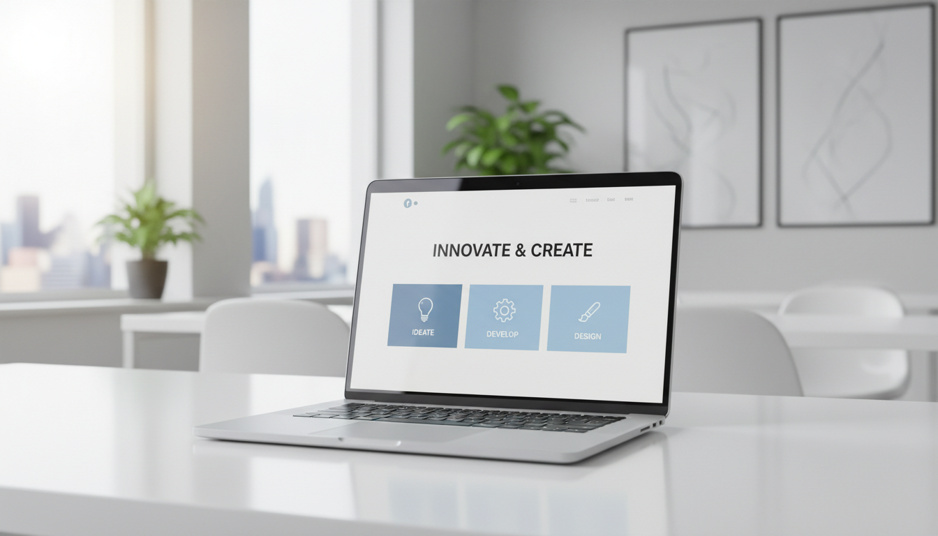 Un perfil de Google optimizado funciona mejor cuando dirige a los clientes a un sitio web profesional. A modern laptop on a desk showing a clean and professional website design for a local business