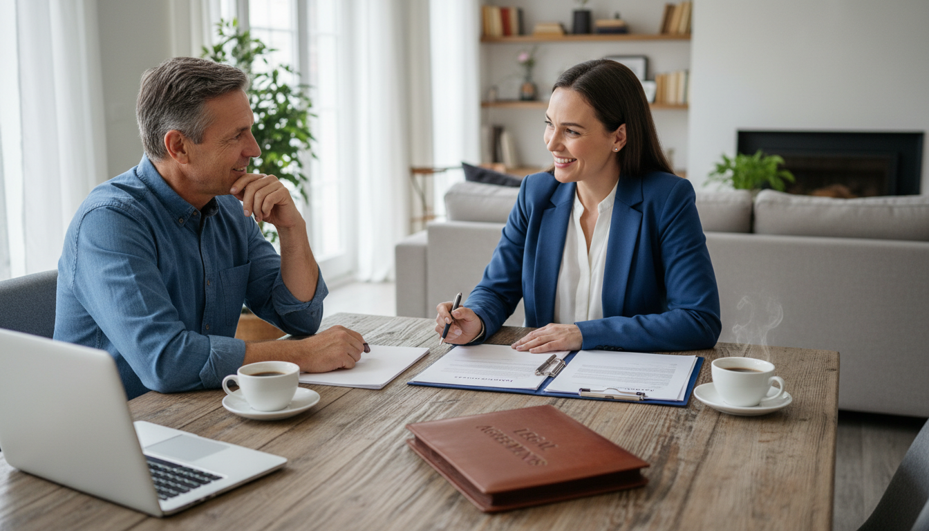 Mobile notary services offer a flexible way to build a side hustle or full-time business in Maryland. A notary meeting with a client at a dining table for a mobile signing appointment, illustrating the service-based income model.