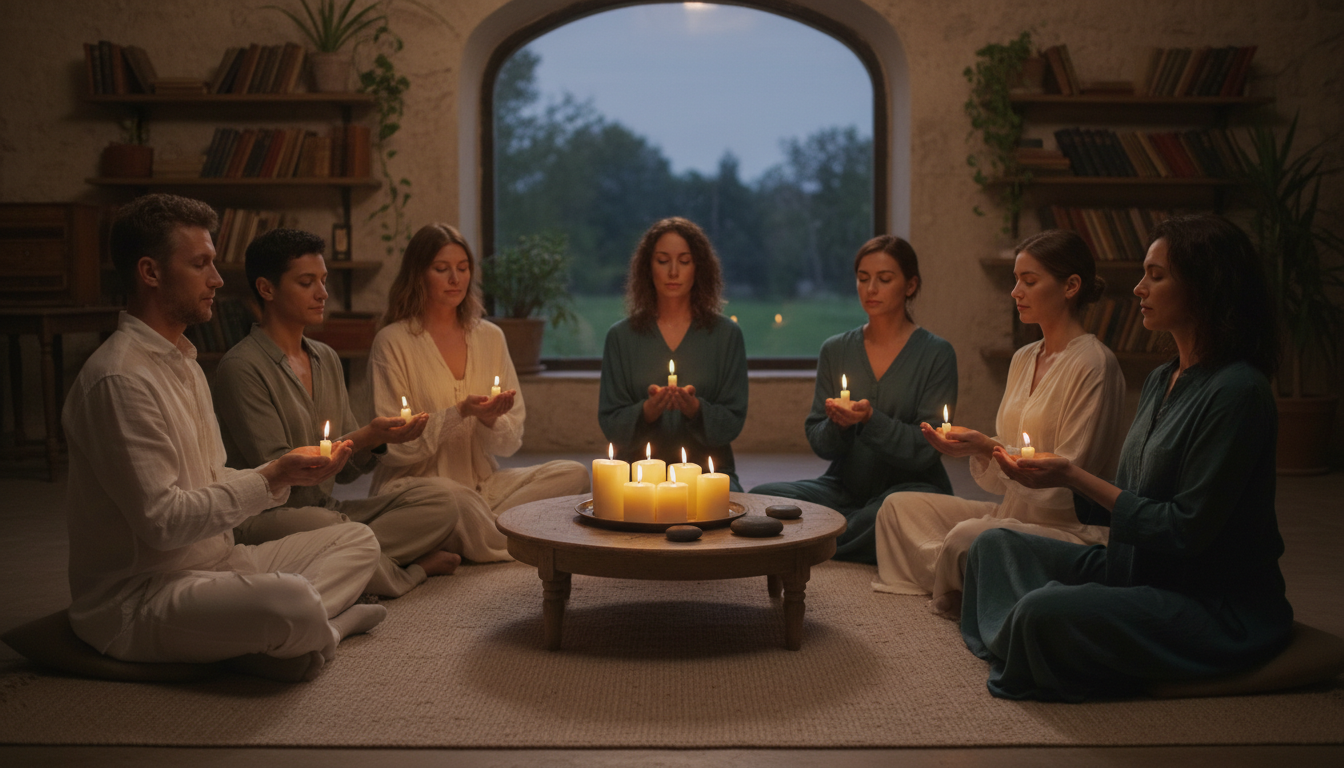 Finding peace and healing through quiet reflection and shared spiritual experiences. A small group of people in a circle formation with candlelight in a peaceful contemplative setting.