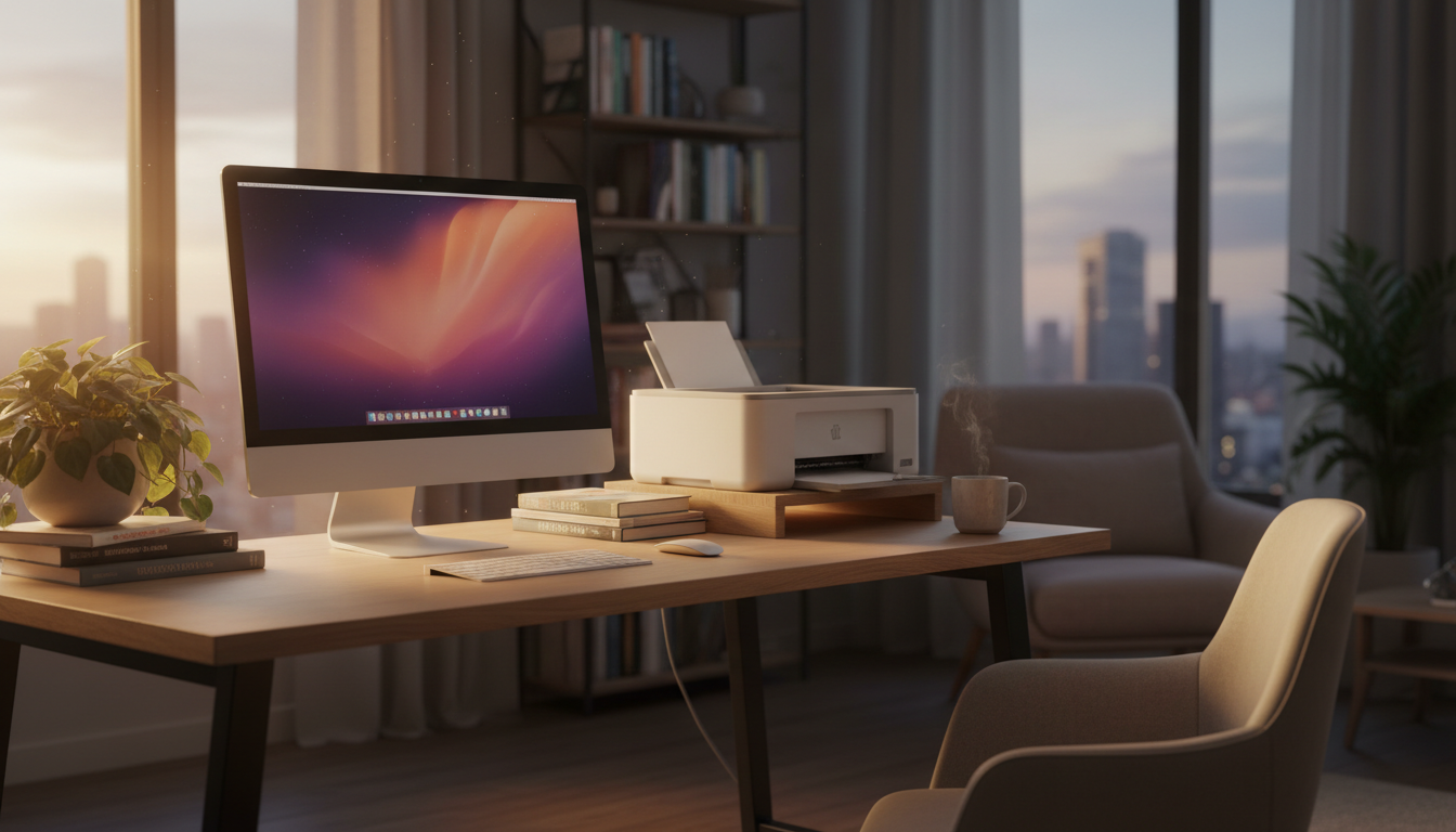 SWIT provides evening technical support at a time that suits your schedule. A modern home office desk with a laptop and printer illuminated by warm evening light.