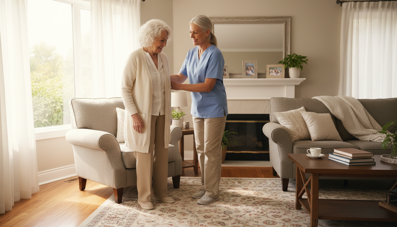 A tidy and safe environment helps the first week of home care run smoothly. Professional caregiver smiling while assisting an elderly woman in a bright, organized living room.