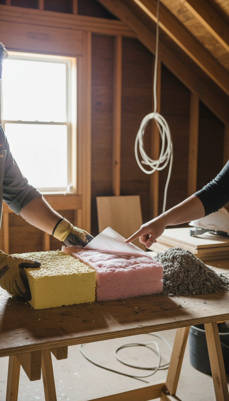 We provide education on every material so you can choose the best fit for your budget and goals. Contractor showing samples of spray foam, fiberglass, and cellulose insulation to a homeowner.