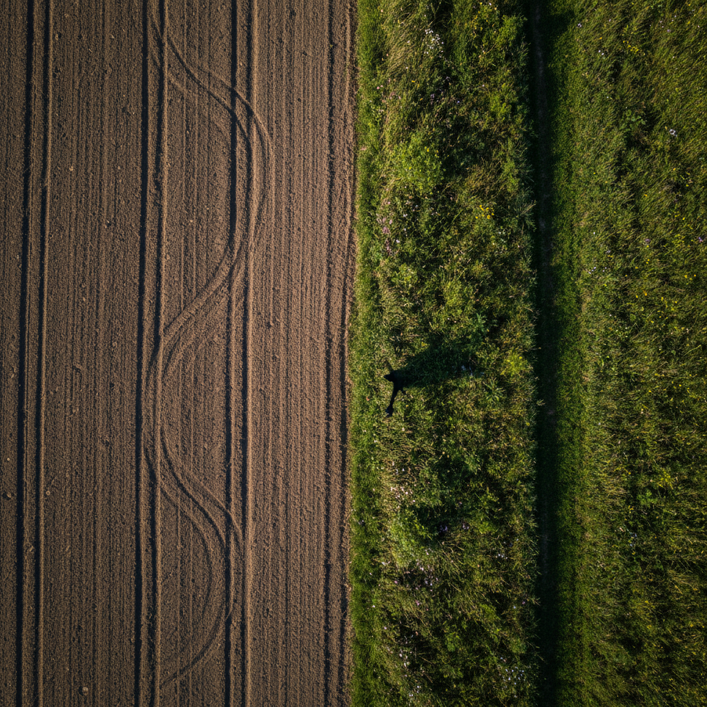 Centimetre-accurate field boundaries are essential for meeting SFI mapping and registration requirements. Aerial view of a crisp field boundary between a ploughed area and a grassy margin, captured with high precision.