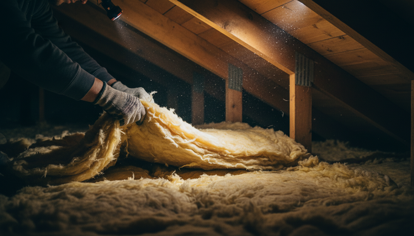 If you can see your floor joists, your attic is likely under-insulated for our hot climate. Close up of a contractor inspecting thin, aged fiberglass insulation in a dark attic space.