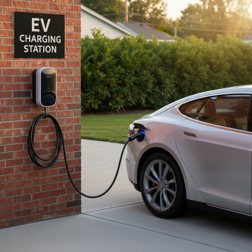 Smart chargers allow you to take advantage of off peak energy rates for significant savings. A dedicated EV home charging station installed on a brick wall for an electric vehicle on a driveway.