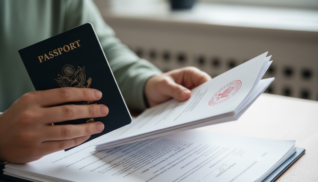 La cadena de legalización consular es indispensable para la validez de documentos cubanos en España. Primer plano de manos sosteniendo pasaporte y papeles legales con sello de embajada
