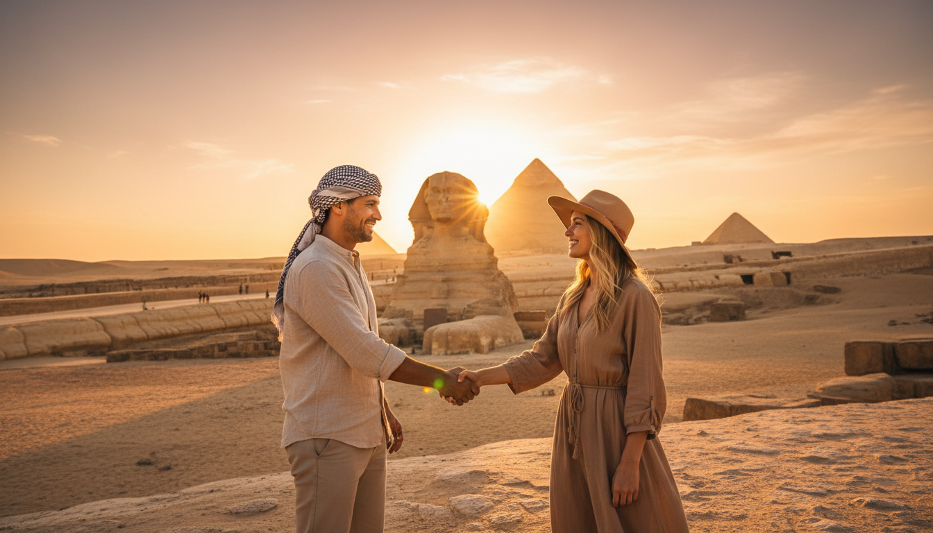 Starting early at Giza ensures a more personal connection with Egypt's ancient wonders. A private tour guide and traveler shaking hands in front of the Sphinx during a morning visit to Giza.