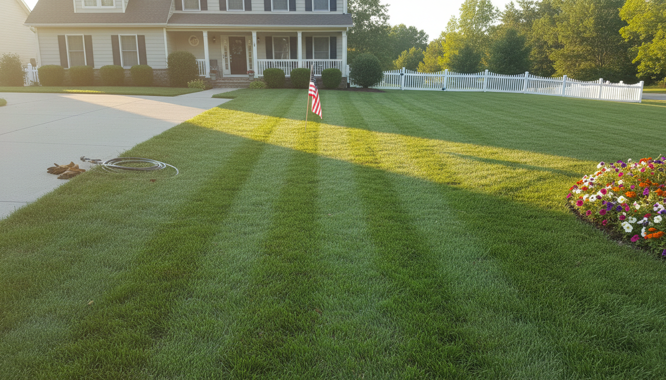 Proper watering techniques are your first line of defense against fungal outbreaks. A garden hose and work gloves on a healthy green lawn suggesting proper morning irrigation and lawn maintenance.