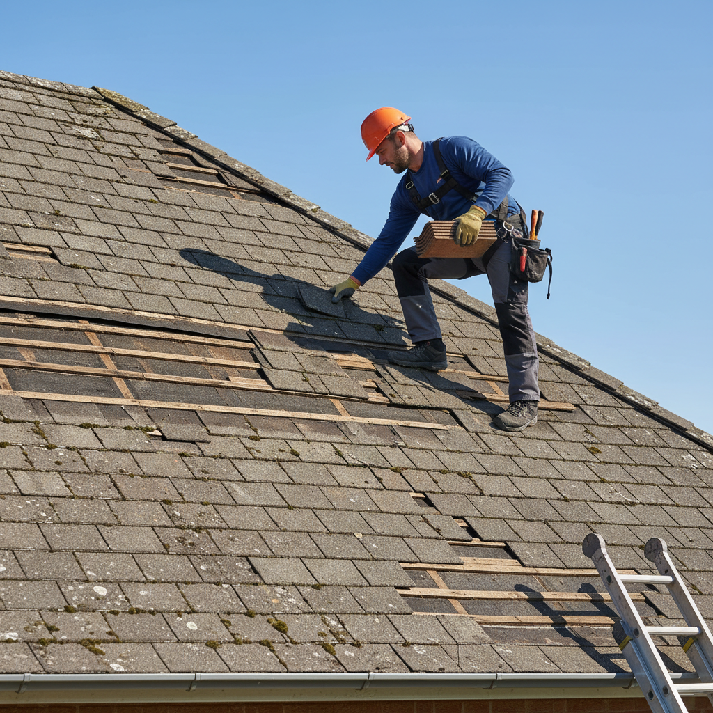 Inspecting shingles for storm damage and age-related wear is the first step in determining if replacement is necessary. A skilled contractor standing on a pitched residential roof inspecting weathered and missing shingles.