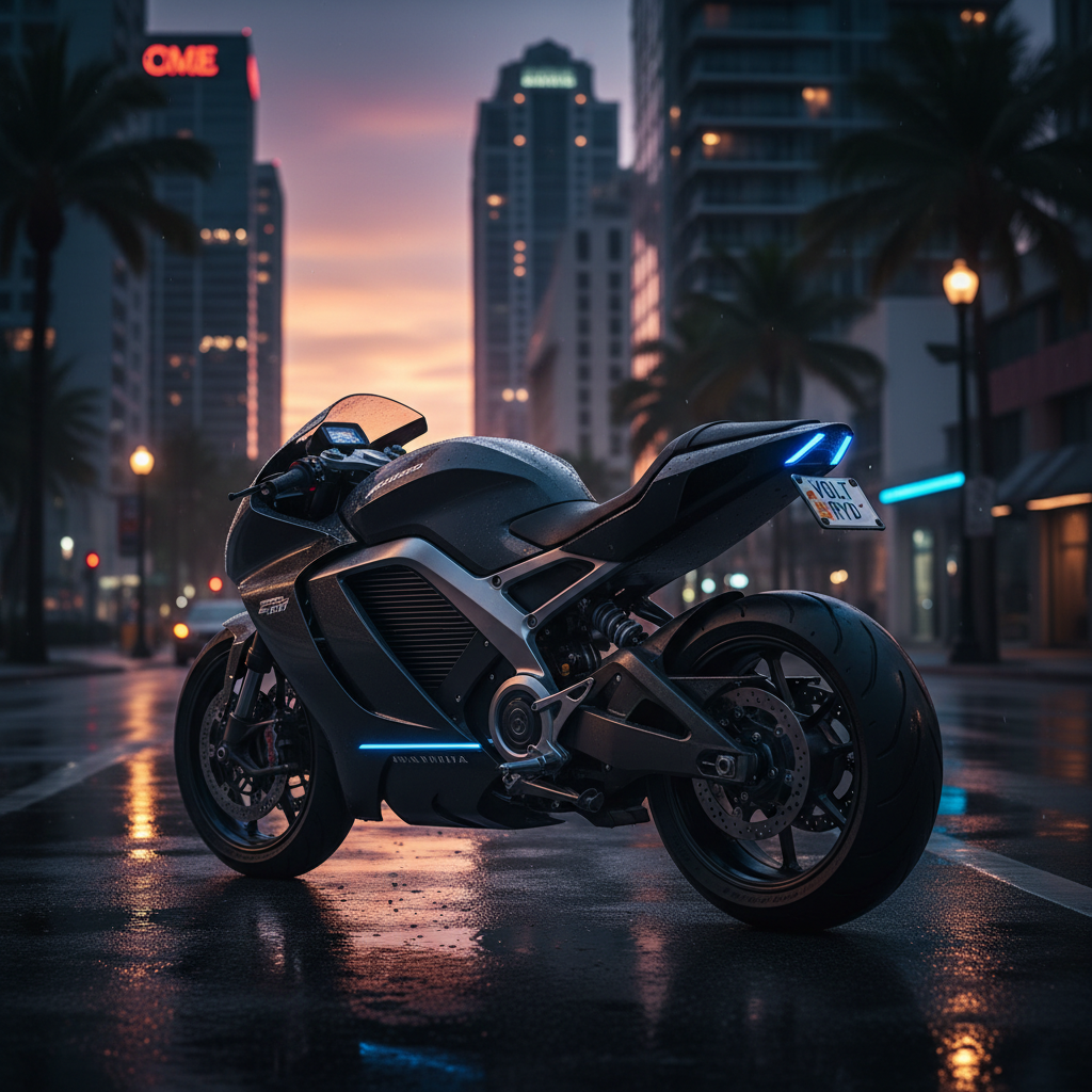 High performance electric motorcycles must meet the same insurance and registration standards as gas powered bikes in Florida. A sleek, modern electric motorcycle with a visible Florida license plate parked on an urban street at dusk.