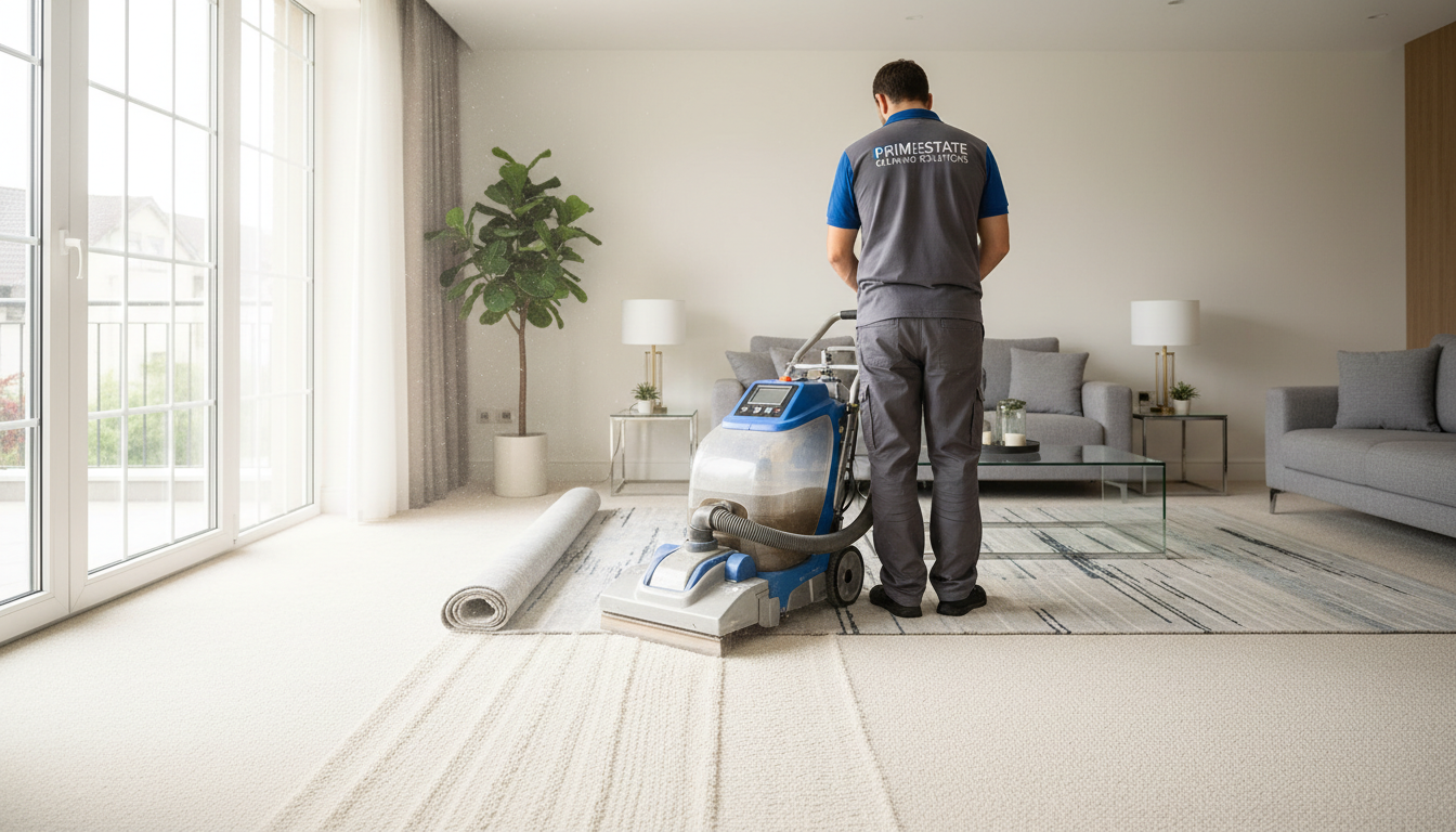 Carpets are among the most scrutinized areas during Edmonton landlord walk-throughs. Professional carpet cleaning in progress during a move-out clean in an Edmonton rental property