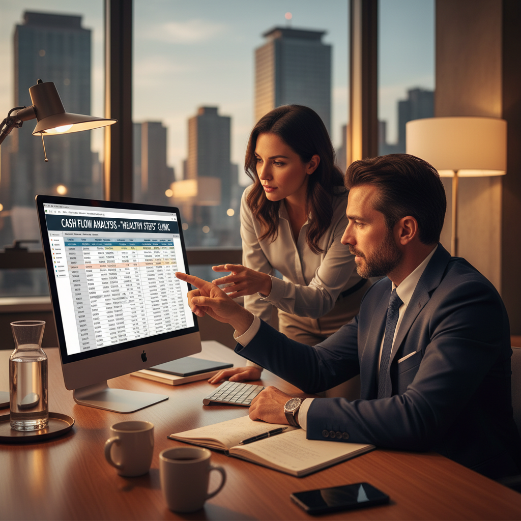 Uncovering cash flow leaks is the first step toward keeping more of what you earn. Financial advisor reviewing cash flow spreadsheet with a behavioral health clinic owner at a modern office desk
