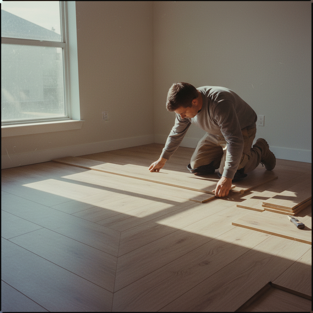 Modern luxury vinyl plank offers the look of wood with superior durability for active households. A professional installer carefully laying vinyl plank flooring in a residential space with natural light.