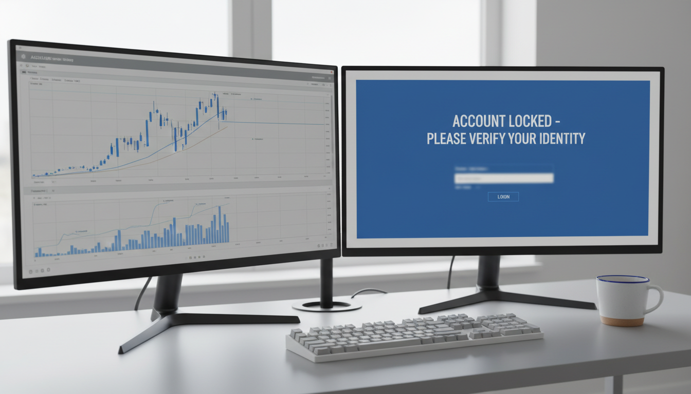 A locked trading screen can be stressful, but identifying the cause is the first step toward recovery. A clean desk with monitors showing trading charts and a locked account screen next to a coffee mug.