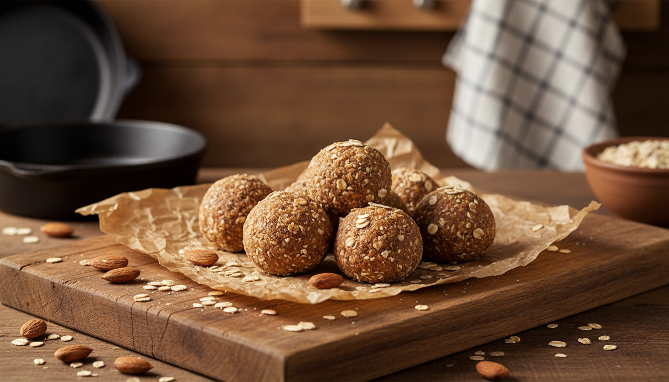 Homemade energy bites are a perfect 'fast food' alternative for busy afternoons. A cluster of round oat and almond energy bites on parchment paper, a healthy homemade snack alternative.