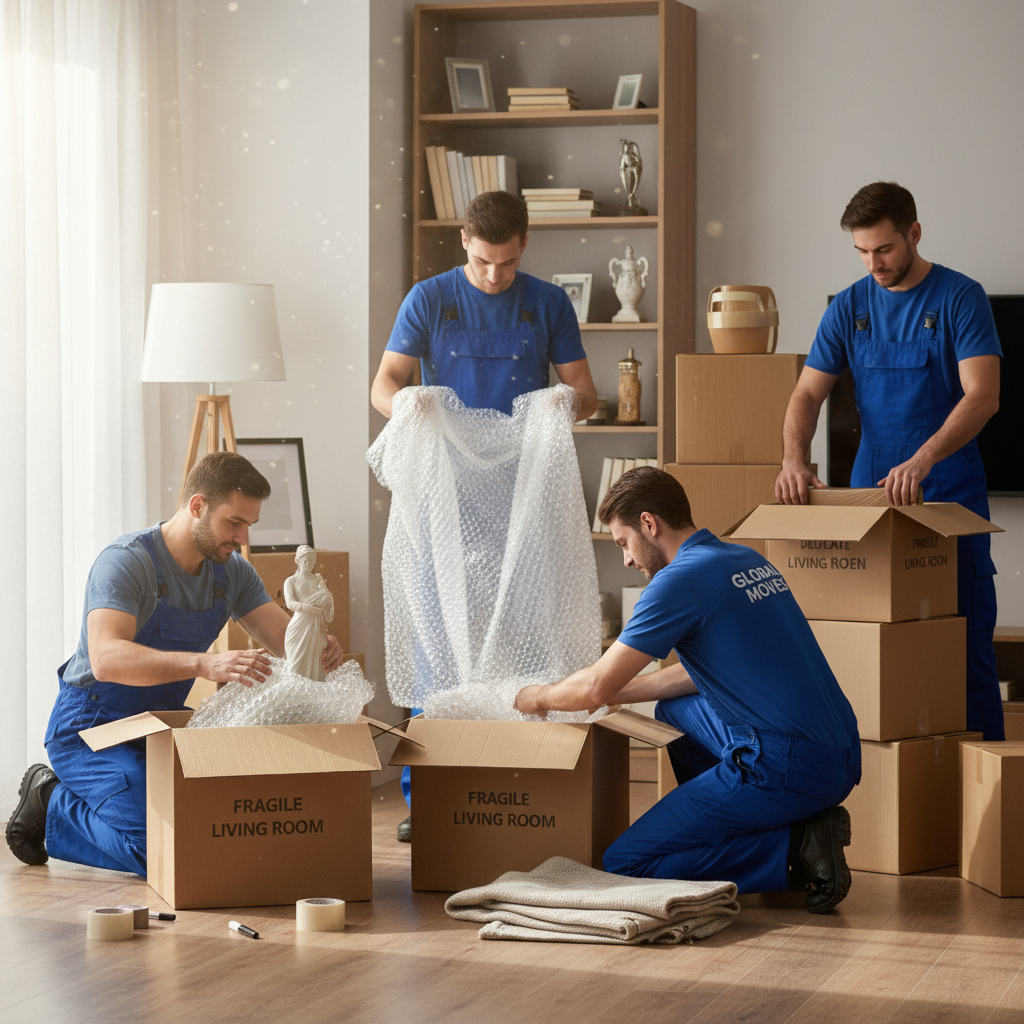 Starting to pack non-essentials early saves significant stress in the final weeks. Professional movers carefully packing household items into cardboard boxes with protective wrap during a GTA move