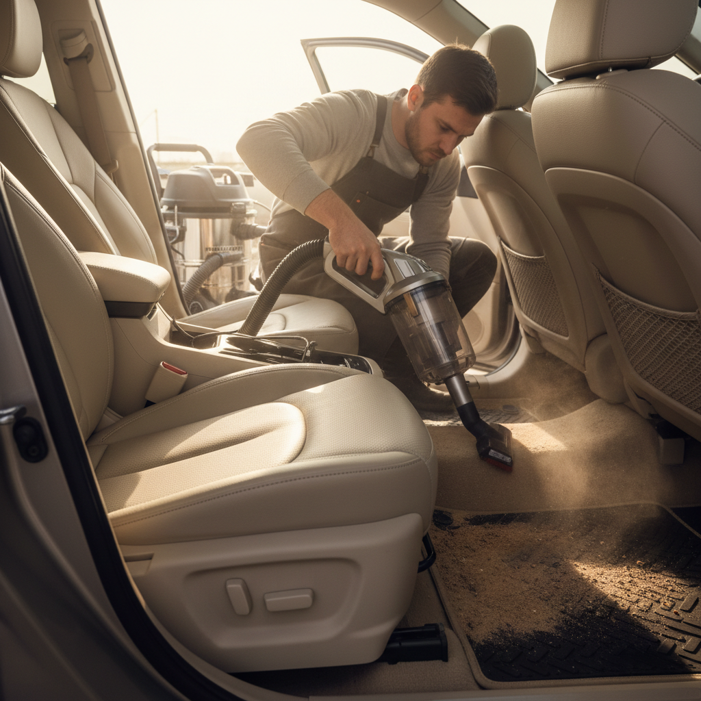 Regular professional vacuuming is essential to prevent abrasive dirt from wearing down your upholstery. A detailer using professional vacuum equipment to clean car seats and remove abrasive debris.